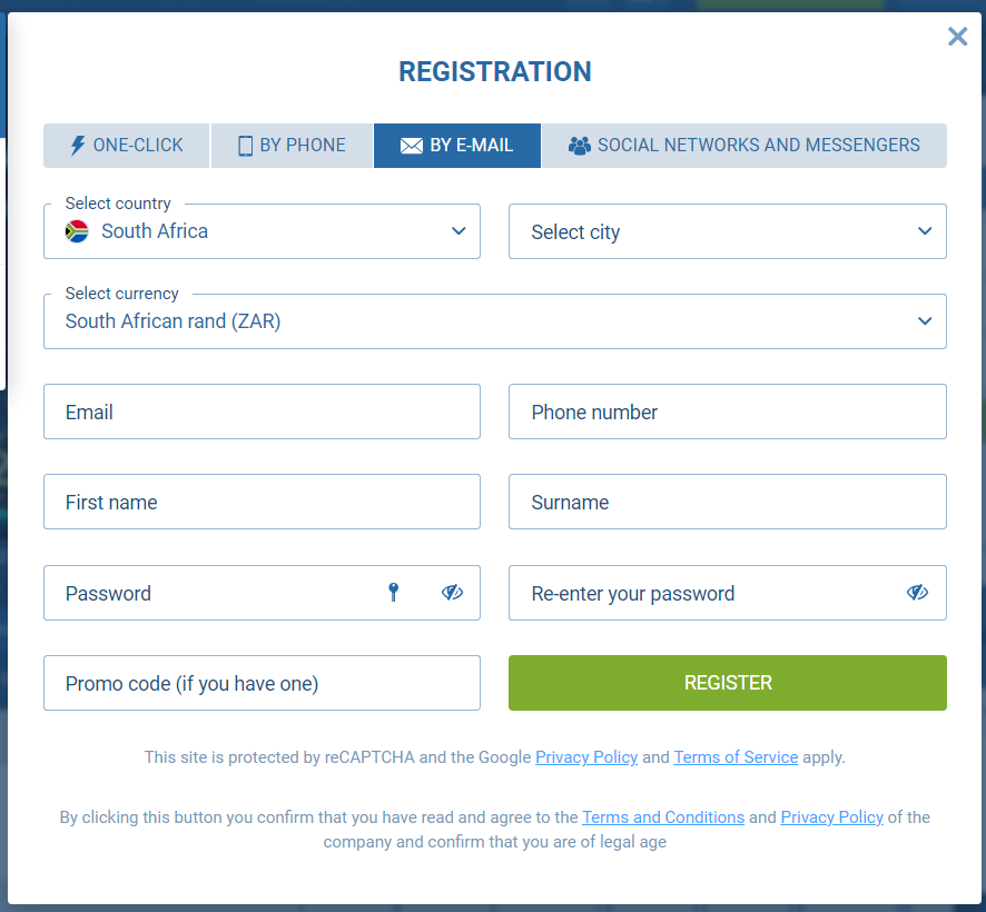 Email registration - -pupylar type of account in 1xbet